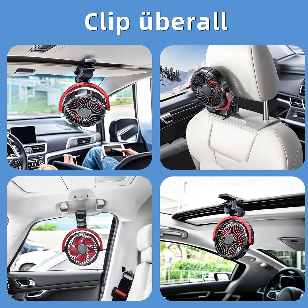 Auto Clip Ventilator mit Akku,USB C Aufladbar Leise Fan Portable Klein Klemmventilator,360° Verstell