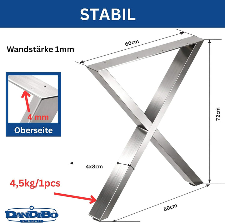 DanDiBo 2X Tischbeine Edelstahl 72 x 60 cm Tischgestell Höhenverstellbar 96676 Tischfüsse Möbelfüsse