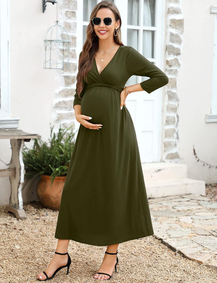 KOJOOIN Damen Umstandskleid V-Ausschnitt Langes Stillkleid 3/4 Ärmel Casual Falten Schwangerschaftsk