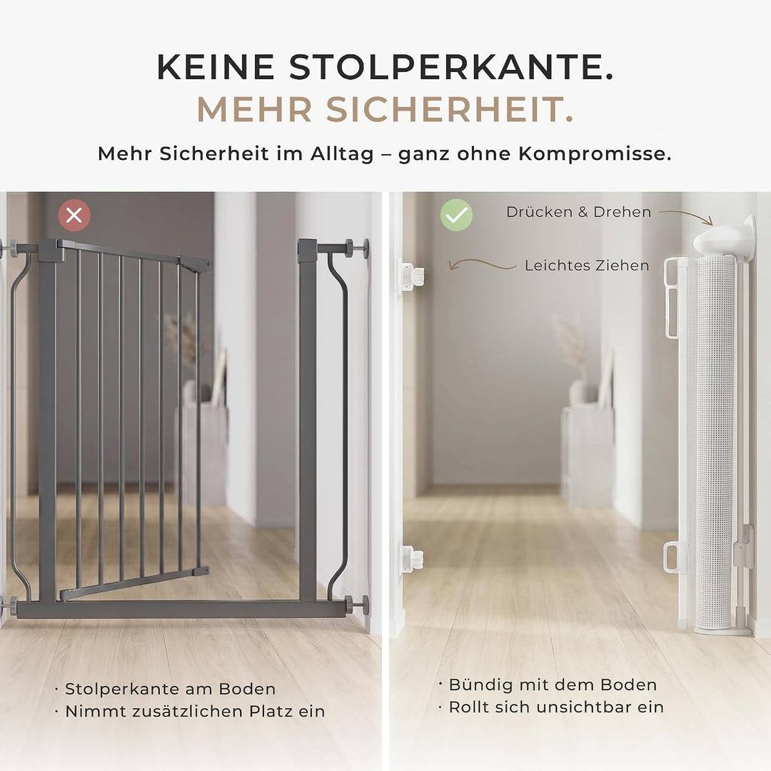 Allyson® Treppen- &amp; Türschutzgitter ausziehbar bis 180 cm, Kinder, Weiss | Einhandbedienung, stolper