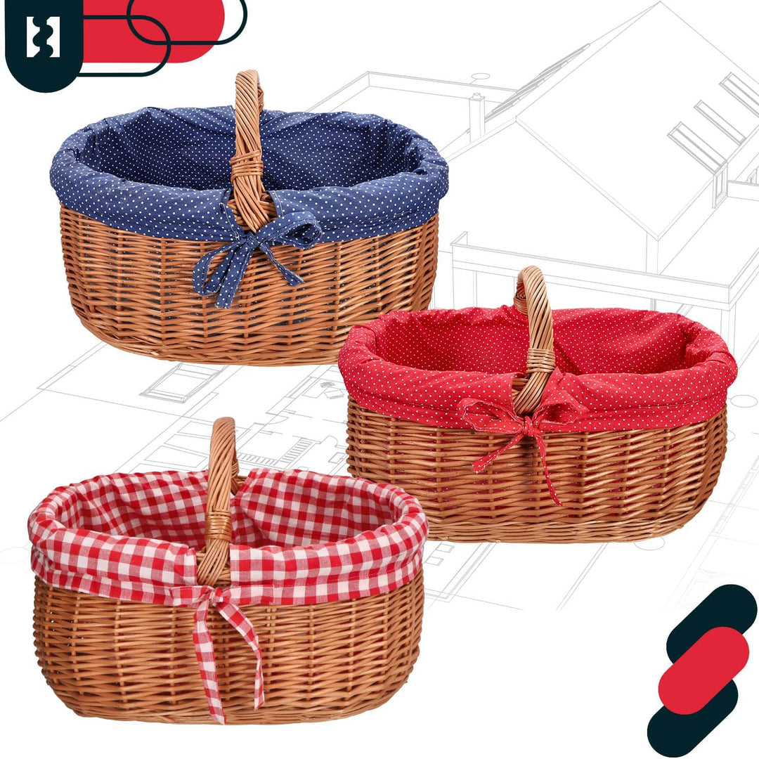 KOTARBAU® Picknickkorb Weidenkorb 46 cm Naturfarbe Einkaufskorbmit rot kariertem Stoffeinsatz Osterk