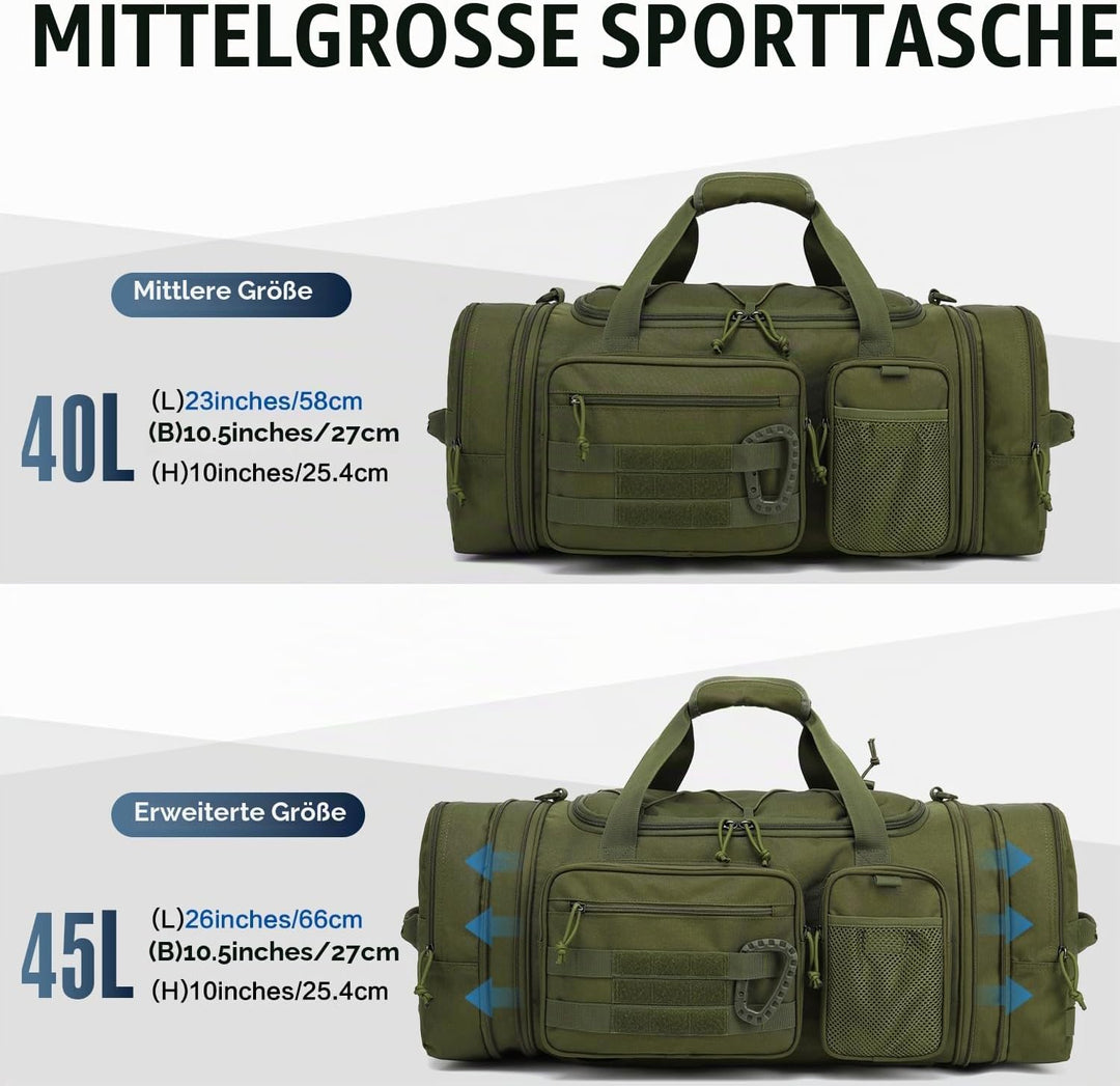 Taktische Reisetasche Sporttasche 40-45L Erweiterbar 3-in-1 Sporttaschen Herren Mittel mit Schuhfach