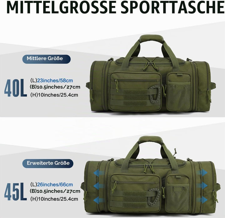 Taktische Reisetasche Sporttasche 40-45L Erweiterbar 3-in-1 Sporttaschen Herren Mittel mit Schuhfach
