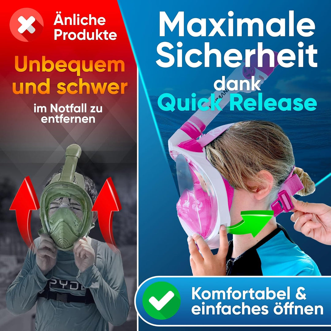Die Preisgekrönte KAIMANA® Schnorchelmaske für Erwachsene & Kinder - absolut CO2 sicher - inkl. Trag
