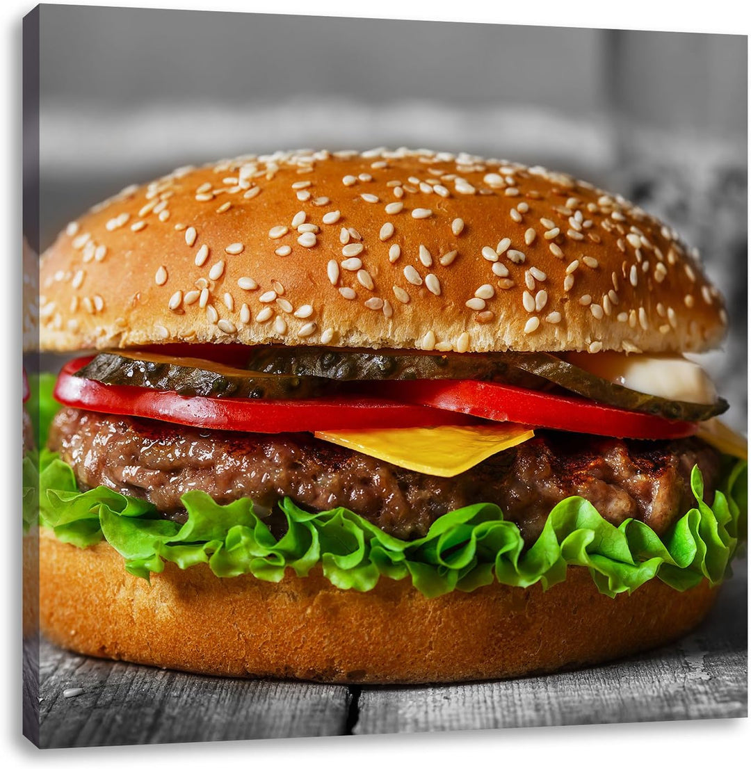 Pixxprint appetitlicher Cheeseburger als Leinwandbild/Grösse: 70x70 cm/Wandbild/Kunstdruck/fertig be