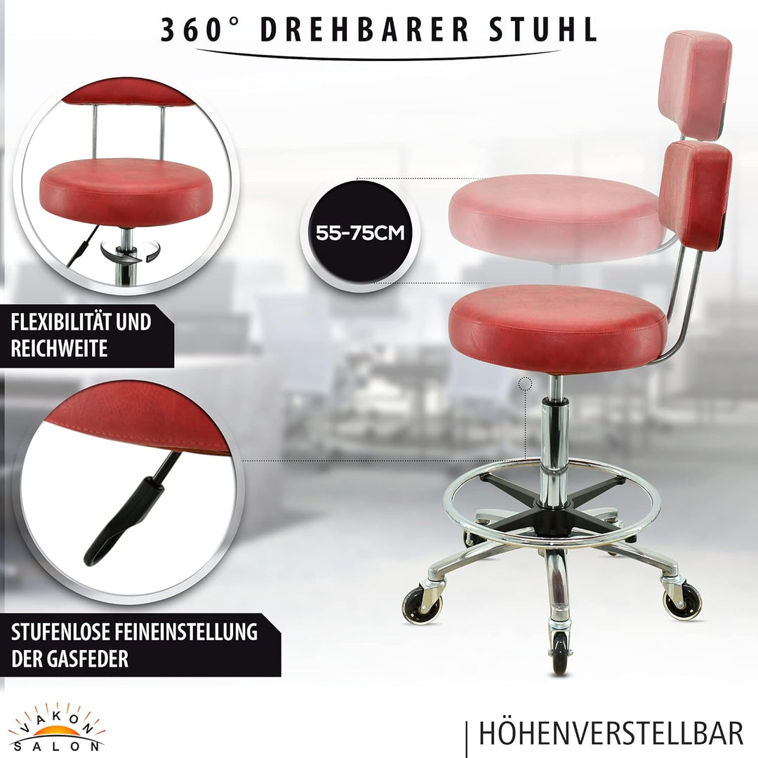 VAKON SALON - Premium Rollhocker in Rot mit Lehne und Fussring - Höhenverstellbar 55-75 cm - Rundsit