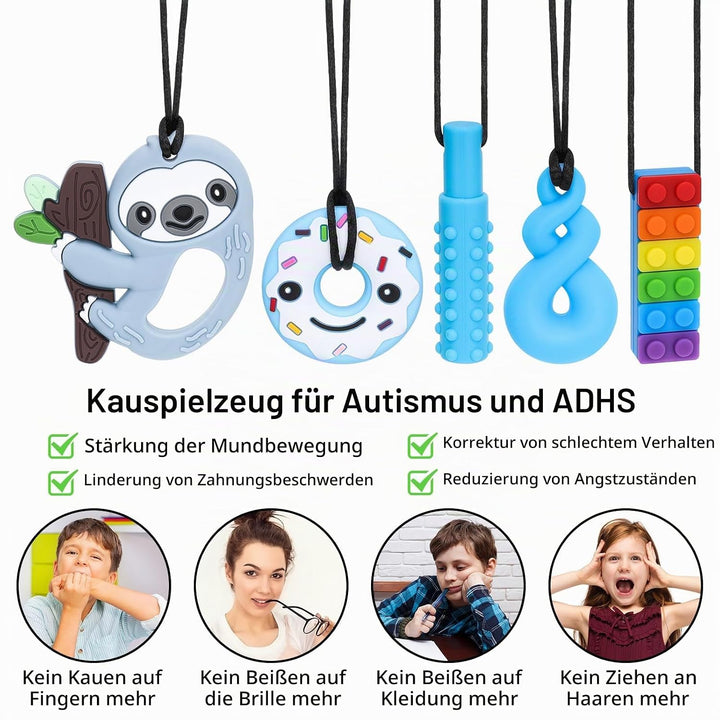 Beissringe 5er Set | Sensorische Kauketten für Kinder ab 3 Monate | BPA-frei Kaukette Halskette für