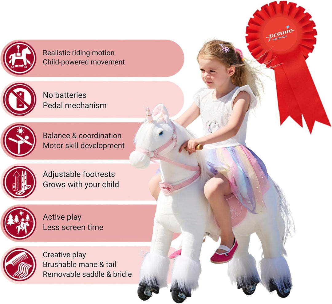 PONNIE Einhorn mit Rollen S (3-6 Jahre), Unicorn zum Reiten mit Abnehmbarer Rosa Sattel und Halfter