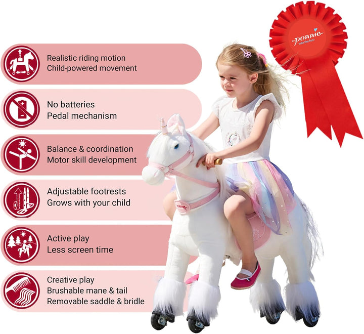 PONNIE Einhorn mit Rollen S (3-6 Jahre), Unicorn zum Reiten mit Abnehmbarer Rosa Sattel und Halfter