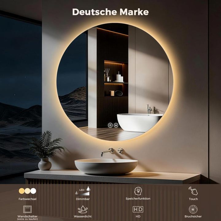 S'AFIELINA Badspiegel mit Beleuchtung Rund 70cm LED Badspiegel mit Touchschalter Badezimmerspiegel R