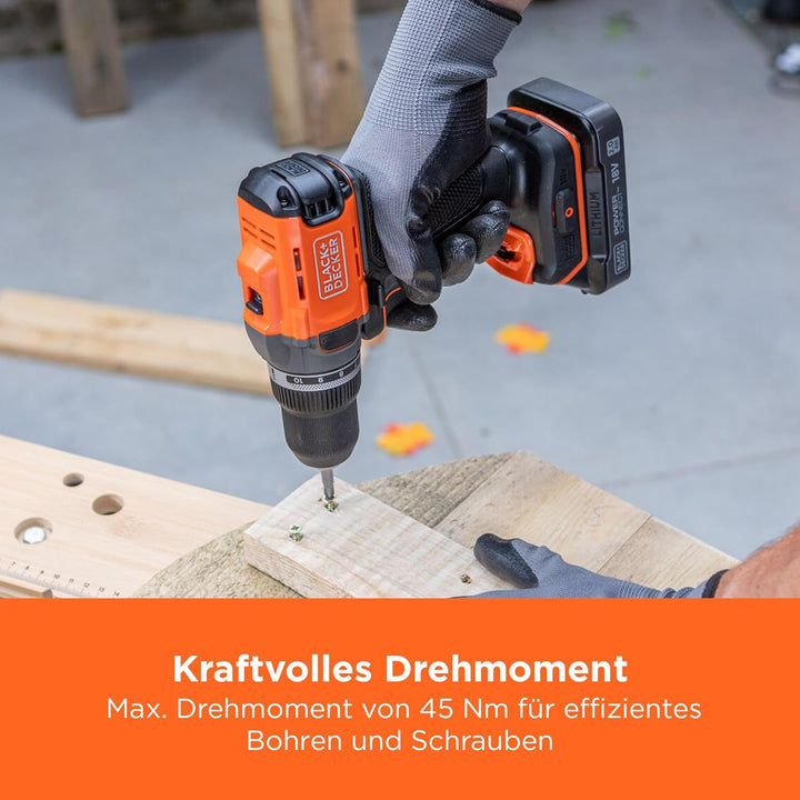 BLACK+DECKER POWERCONNECT 18V Akku-Bohrschrauber mit 2 x 2,0-Ah-Akkus, 1-A-Ladegerät und Kitbox, BCD