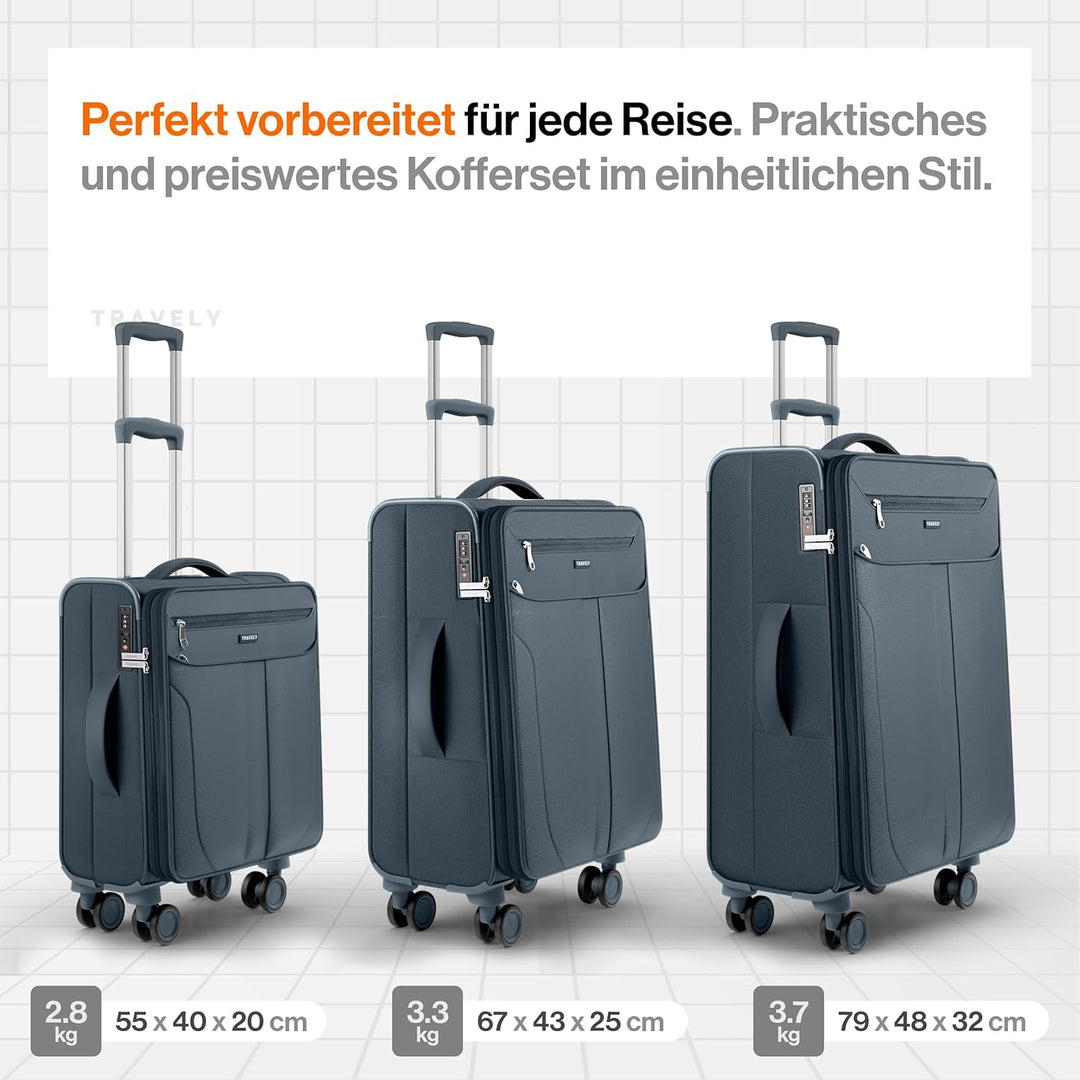 Travely Stoffkoffer Set - 3 teilig Reisekoffer mit Rollen - Koffer Set bestehend aus Handgepäck Koff