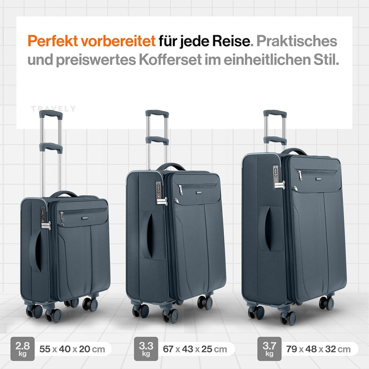 Travely Stoffkoffer Set - 3 teilig Reisekoffer mit Rollen - Koffer Set bestehend aus Handgepäck Koff