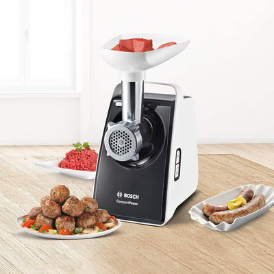 Bosch Fleischwolf CompactPower MFW3612A, elektrisch, Wurstaufsatz, Edelstahl Loch-Scheiben 4mm + 8mm