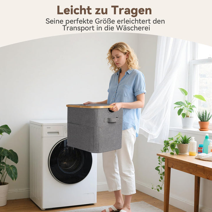 OUSFOT Wäschekorb Klein, 50 L Wäschekorb mit Deckel Faltbar, Grossen Vorderen Taschen und Einem Robu