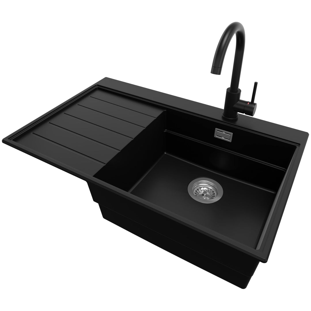 Granitspüle Schwarz 78x50cm, Spülbecken 1 Becken + Ablauf-Set + Küchenarmatur, Küchenspüle ab 60er U