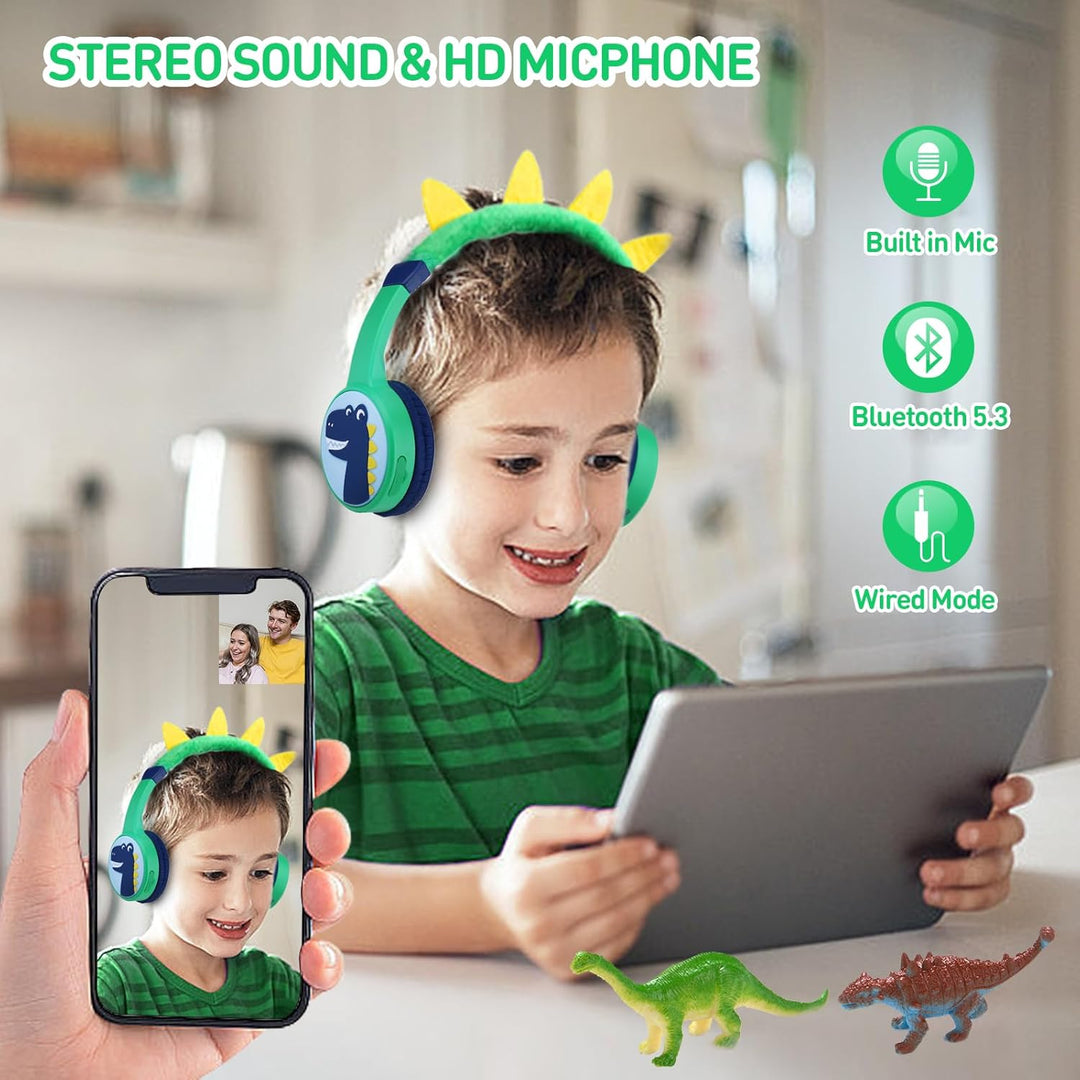 Bluetooth Kopfhörer Kinder, Dinosaurier Kinder Kopfhörer mit Kabel, Mikrofon, 85dB Lautstärkebegrenz