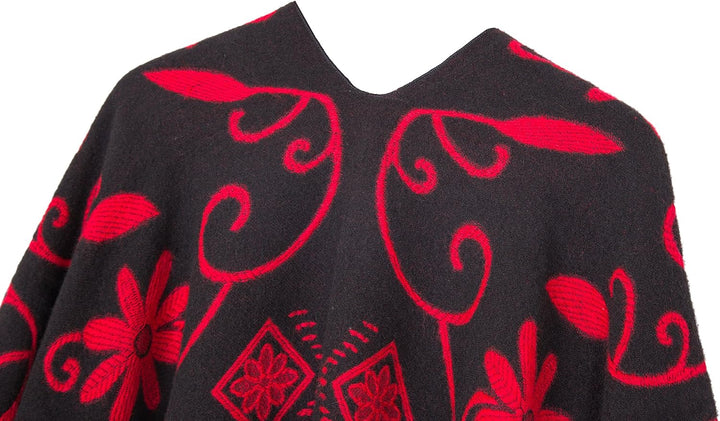 Poncho im Retro-Stil, Vintage-Muster, Quaste, Umhang für Damen Schwarz, Schwarz