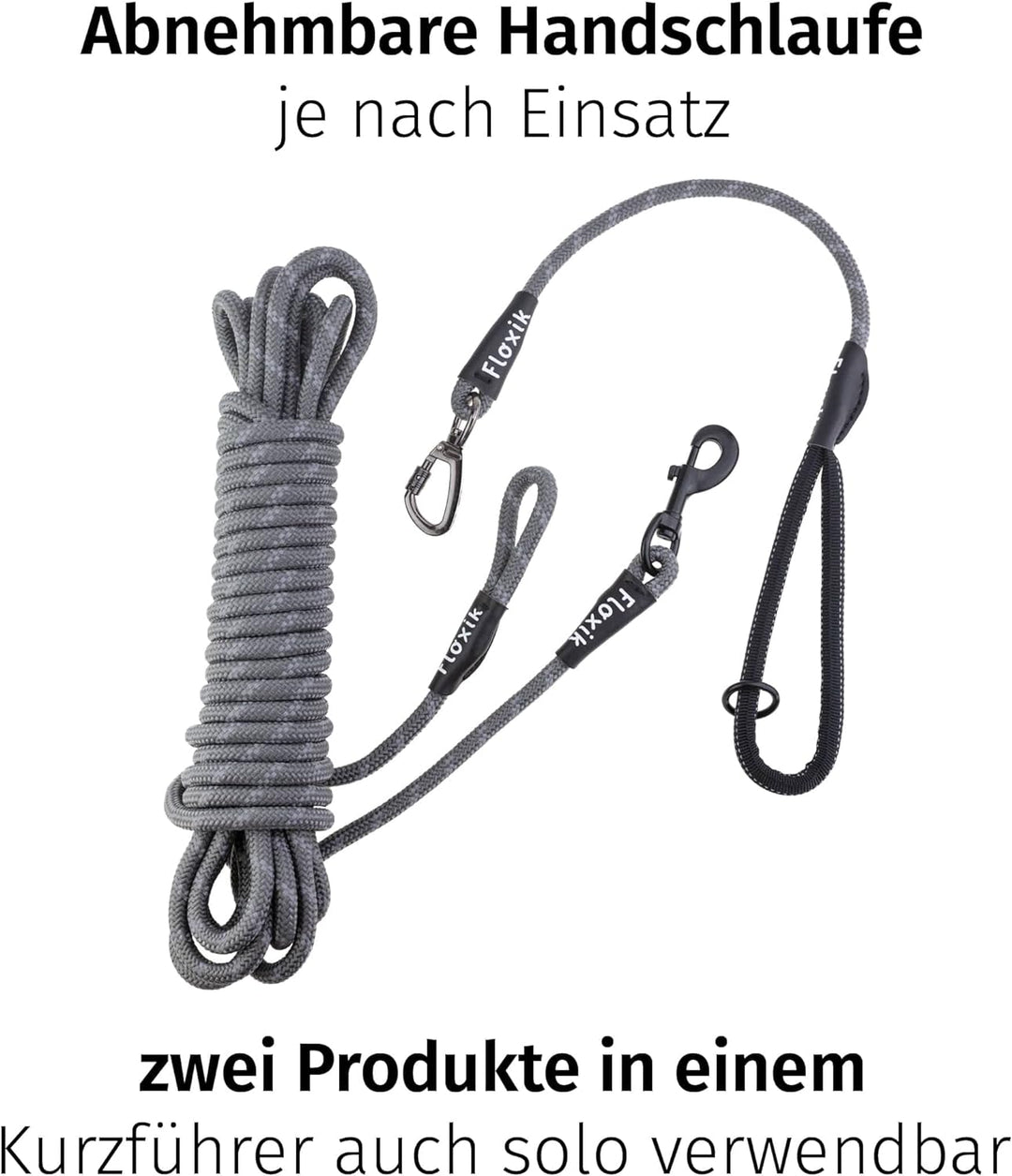 Floxik Schleppleine für Hunde | 5m, 10m, 15m, 20m grau | reflektierende Tauleine mit Abnehmbarer Han