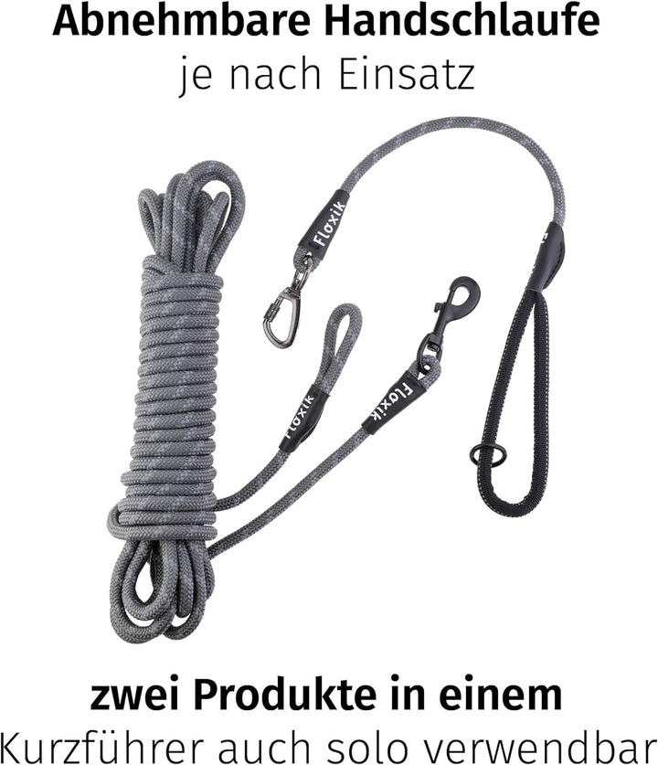 Floxik Schleppleine für Hunde | 5m, 10m, 15m, 20m grau | reflektierende Tauleine mit Abnehmbarer Han