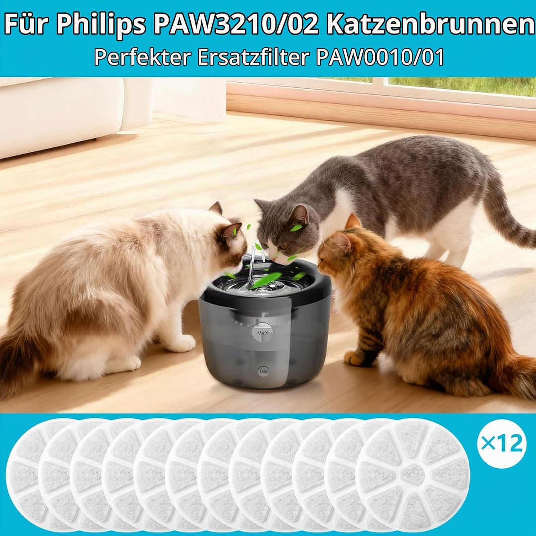 12 Stück Katzenbrunnen Filter für Philips PAW3210/02 Trinkbrunnen,Dreifaches Filtersysteme Aktivkohl