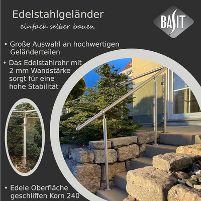 BASIT Edelstahl Handlaufträger Platte + Gelenk höhenverstellbar für 42,4 mm Rohr I Handlaufträger Ed