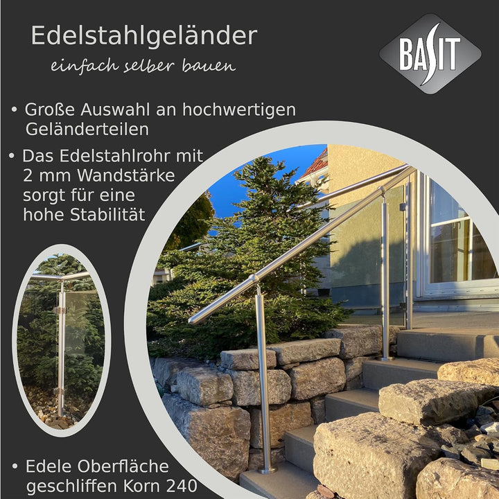 BASIT Edelstahl Handlaufträger Platte + Gelenk höhenverstellbar für 42,4 mm Rohr I Handlaufträger Ed