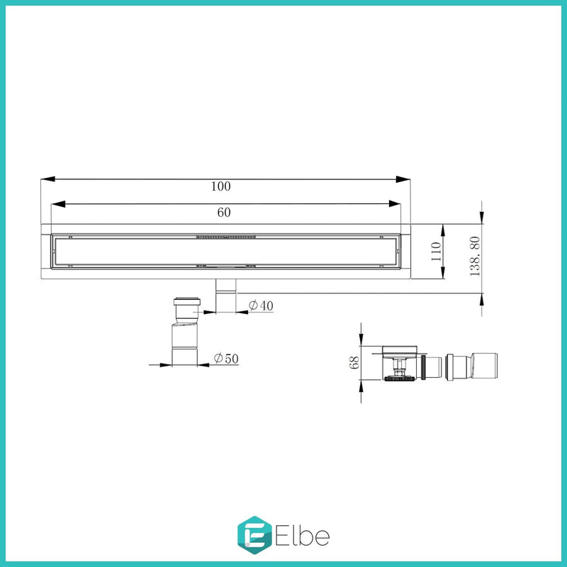 Elbe Duschrinne 60cm Extra Flach 304 Edelstahl Bodenablauf mit 3-reihig-Schlitzm Muster Glasabdeckun