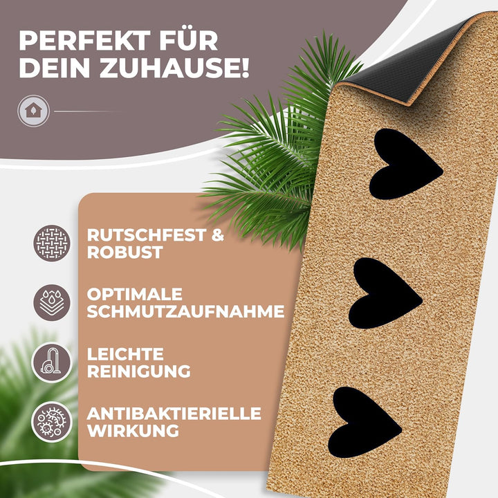 ElbFuchs Kokos Fussmatte 75x25cm mit Schwarze Herzen I Extra strapazierfähige & rutschfeste Kokosmat
