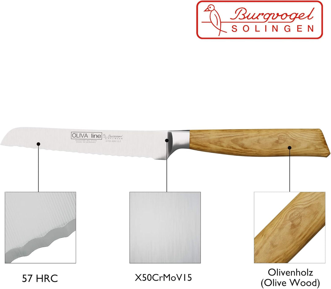 Burgvogel Solingen Brötchenmesser 13 cm geschmiedet Olivenholz, Oliva Line, Wellenschliff, rostfrei,