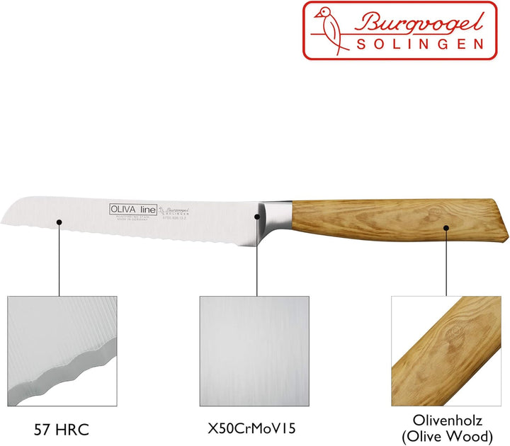 Burgvogel Solingen Brötchenmesser 13 cm geschmiedet Olivenholz, Oliva Line, Wellenschliff, rostfrei,