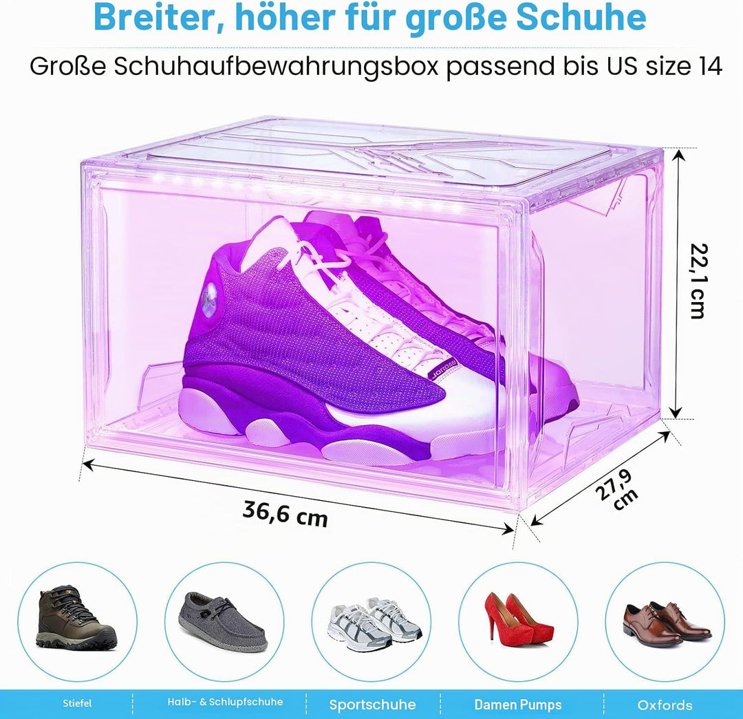 LED Schuhboxen Stapelbar, 2er Set, Schuh-Organizer aus Kunststoff, Schuhaufbewahrung Platzsparend, M