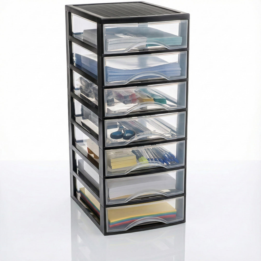 Hausfelder Schubladenbox A4 mit 7 Schubladen, Transparente Kunststoff Schubladenbox für Schreibtisch