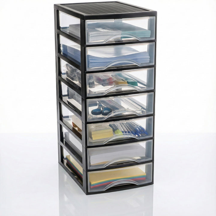 Hausfelder Schubladenbox A4 mit 7 Schubladen, Transparente Kunststoff Schubladenbox für Schreibtisch