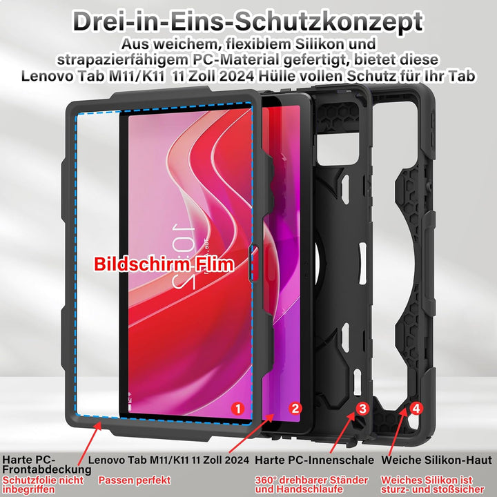 ROISKIN Lenovo Tab M11 2024 Hülle: Robuste, stossfeste Hülle mit Displayschutzfolie & 360° Drehbare