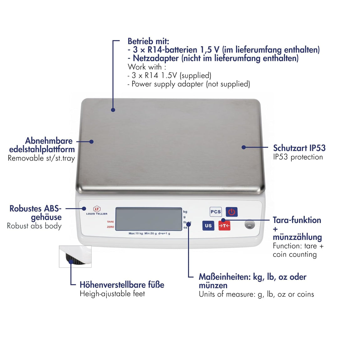 Professionelle Digitale Küchenwaage 10 kg IP53-240x240x75 mm | Präzise Messungen bis 10 kg • IP53-Sc