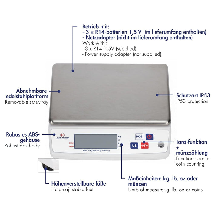 Professionelle Digitale Küchenwaage 10 kg IP53-240x240x75 mm | Präzise Messungen bis 10 kg • IP53-Sc