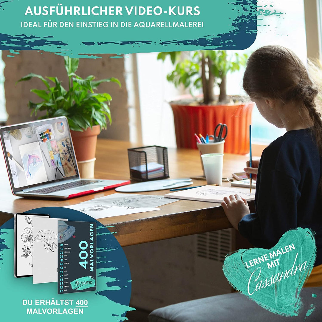 CreaTek Aquarellpapier A4 300 g Einschliesslich 2-Stunden-Videokurs 30 Blatt Aquarellblöcke + 2 Pins