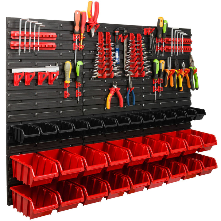 Lagersystem Werkstattregal | 117 x 78 cm | 32 stck. Box | Wandregal mit Werkzeughalterungen und Stap