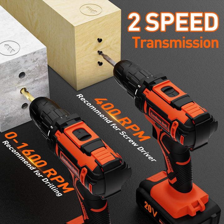Akkuschrauber, 20V Akku Bohrschrauber Set mit 2 Akkus 2.0Ah Orange,25+1 Drehmomentstufen Akkubohrer,