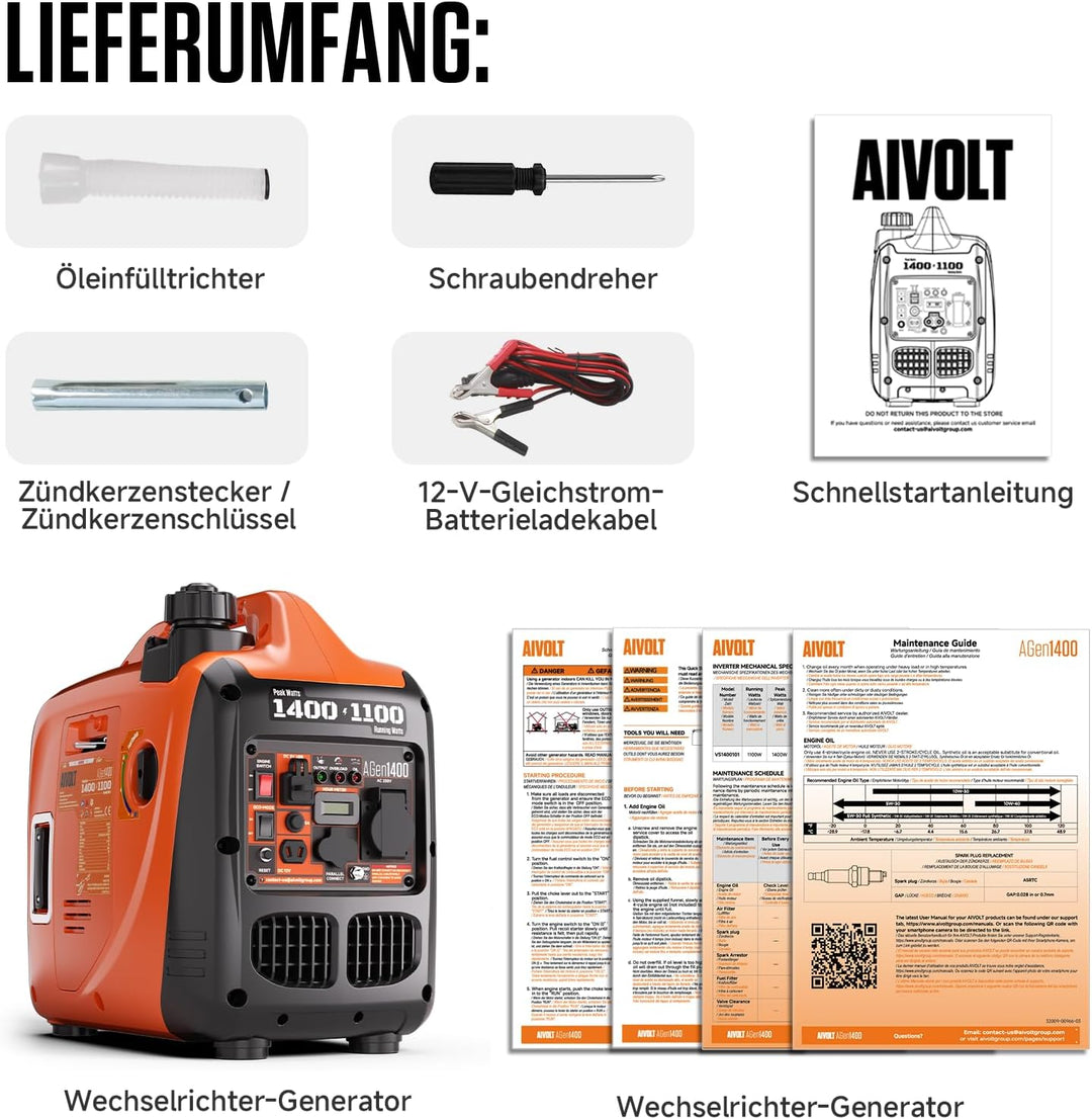 AIVOLT Inverter Stromerzeuger 1400 Watt Notstromaggregat Benzin leise Stromaggregat für Campen, Fest