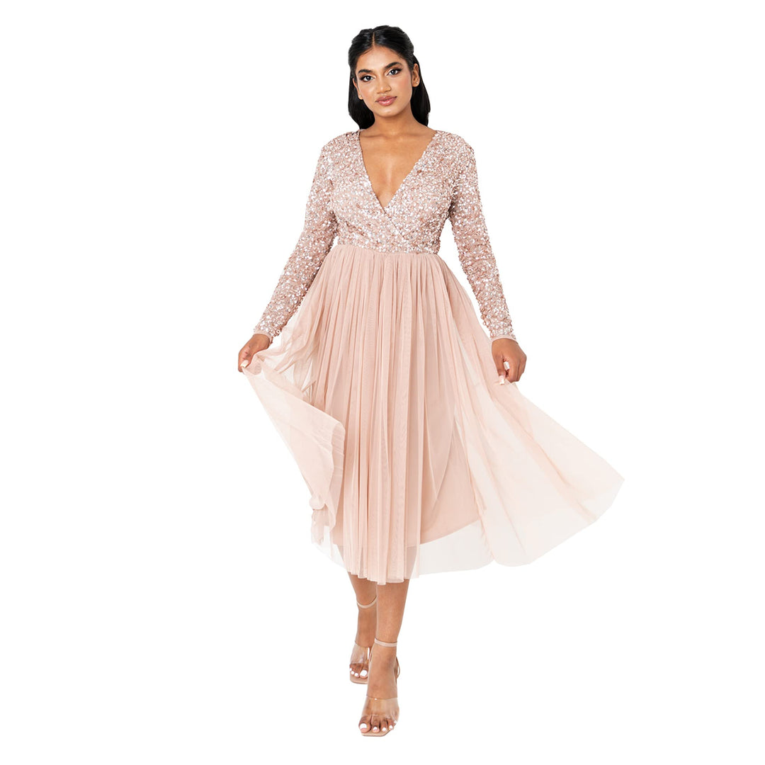 Maya Deluxe Midi Elegant Hochzeit Ärmel Tiefer V Ausschnitt Pailletten Cocktailkleid Abschlussball B