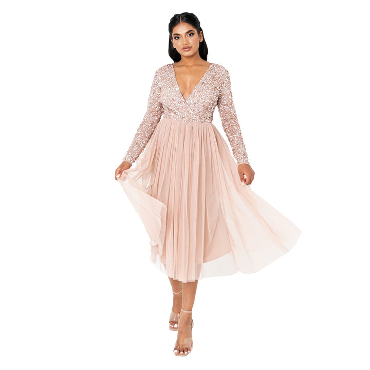 Maya Deluxe Midi Elegant Hochzeit Ärmel Tiefer V Ausschnitt Pailletten Cocktailkleid Abschlussball B