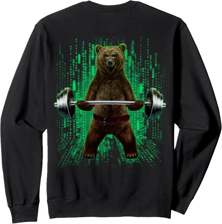Grizzlybär, der Gewichte im Cyber-Fitnessstudio hebt Sweatshirt
