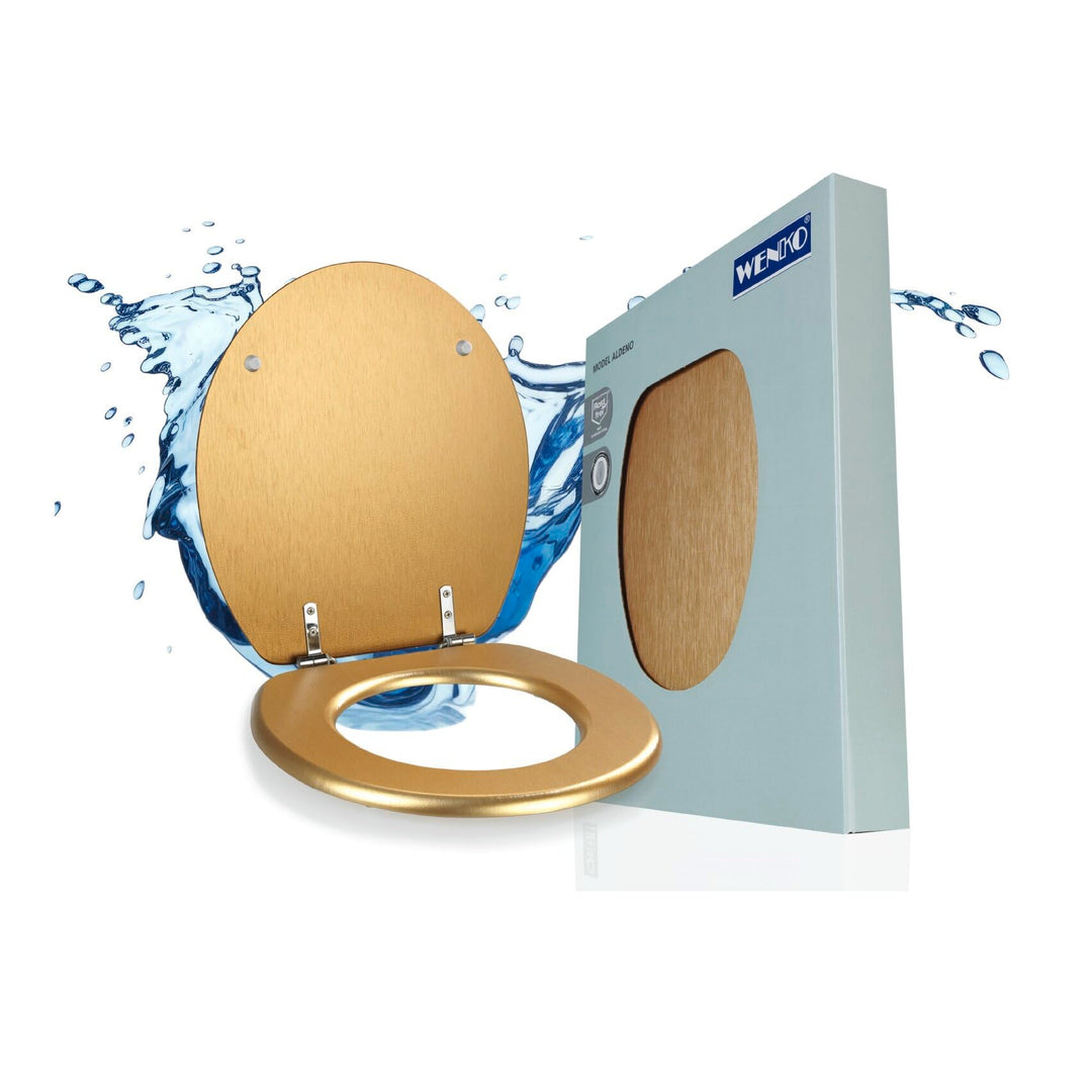 WENKO WC-Sitz Aldeno Gold matt, Toilettensitz aus MDF mit Edelstahl-Befestigung, foliert, dezente Ho