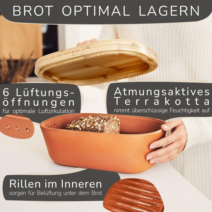 Steinzeit Design Brotkasten - Brotbox aus atmungsaktivem Ton – Brotkasten Keramik mit edlem Bambusde