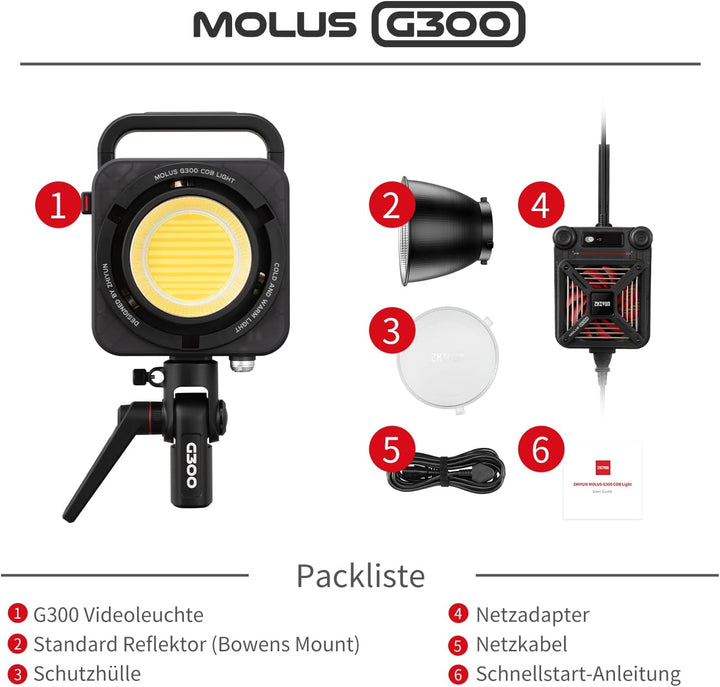 ZHIYUN Molus G300 [Official] Videolicht 300W, COB LED Videoleuchte mit Bowens Mount, Bi-Color Stream