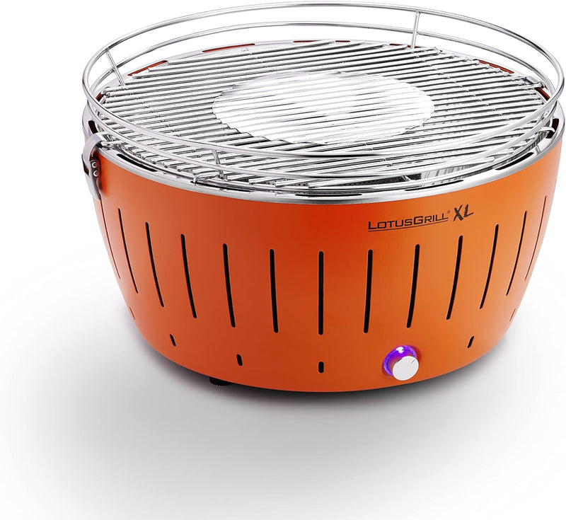 LotusGrill XL Starter-Set 1x XL Grill Mandarinenorange mit USB-Anschluss, 1x Buchenholzkohle 2,5 kg,