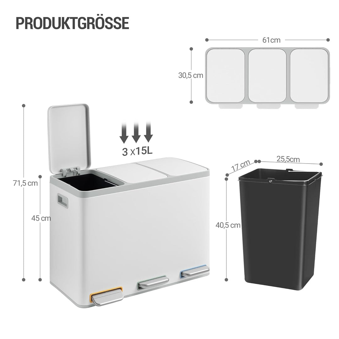 Hzuaneri Mülleimer Küche, Mülltrennsystem 3 Fächer 45L (3 x 15 L), Edelstahl-küchenmülleimer, Tretmü