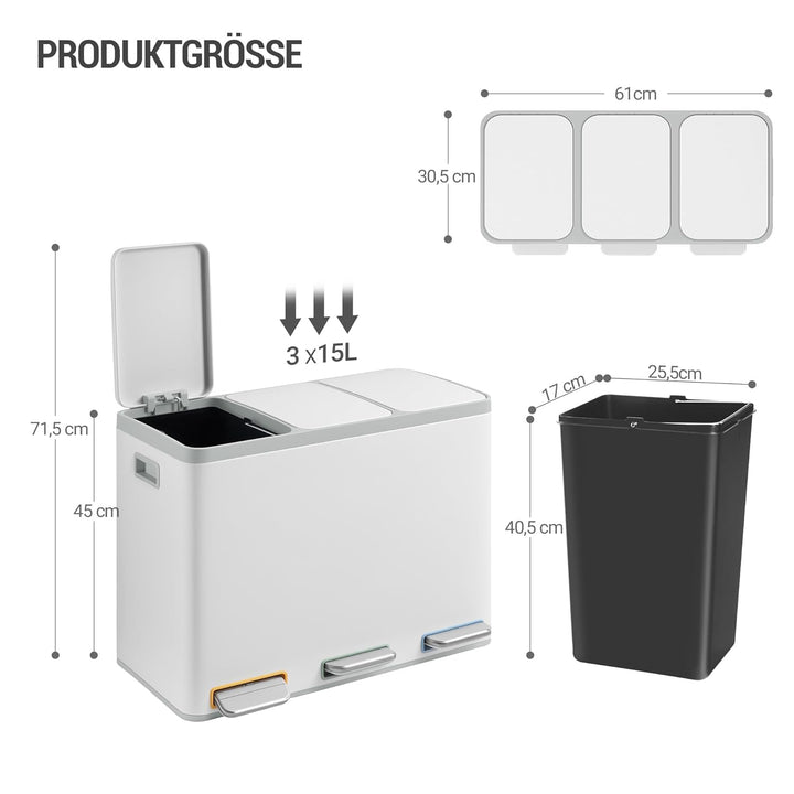 Hzuaneri Mülleimer Küche, Mülltrennsystem 3 Fächer 45L (3 x 15 L), Edelstahl-küchenmülleimer, Tretmü